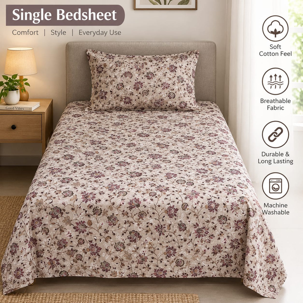 Beige cotton single bedsheet with small mauve and brown floral motifs