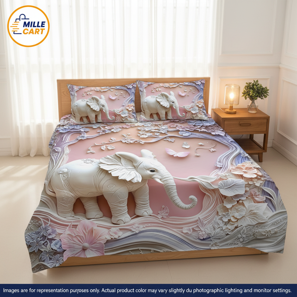 Magic Kingdom 7D Kids Double Bed Sheet - 3D Elephant Pink design lifestyle