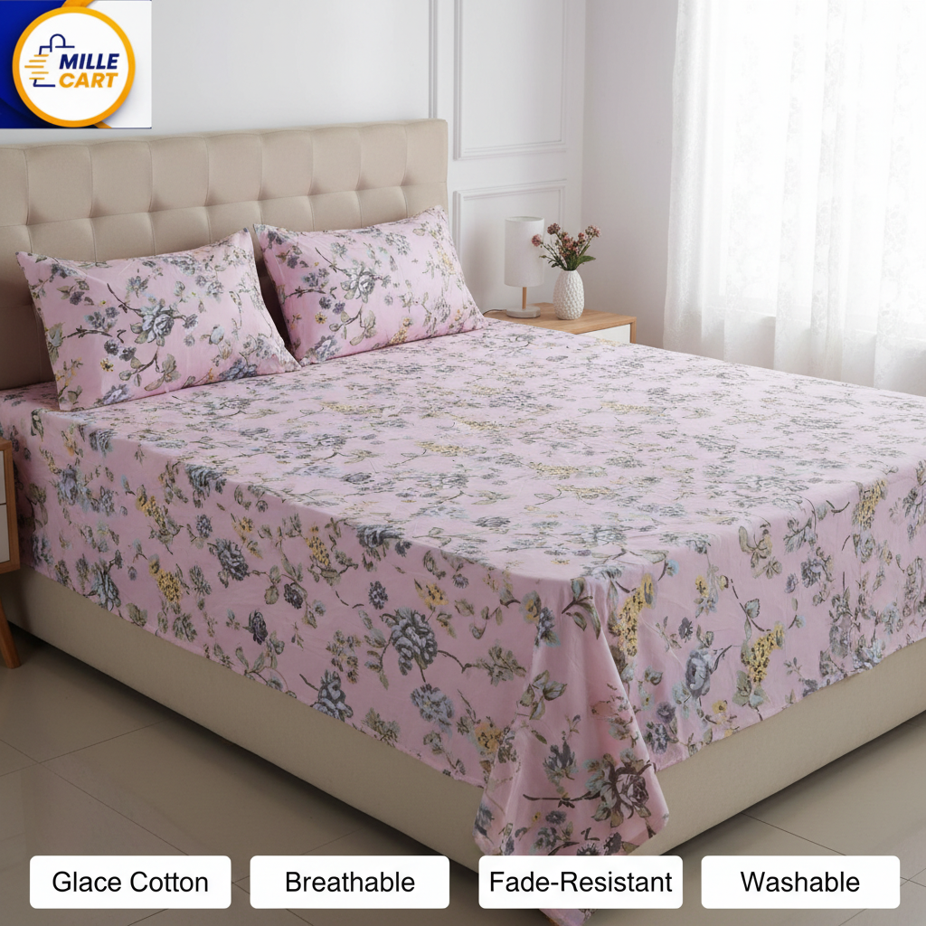 Pink Vintage Rose Chintz Double Bed Sheet with 2 Pillow Covers