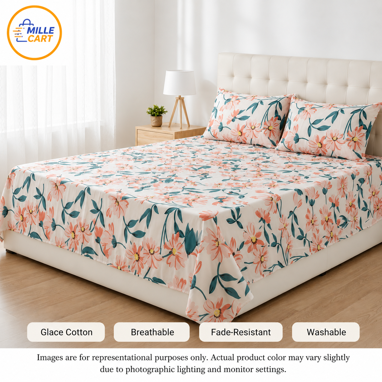 Cream Peach Cosmos & Teal Double Bed Sheet with 2 Pillow Covers