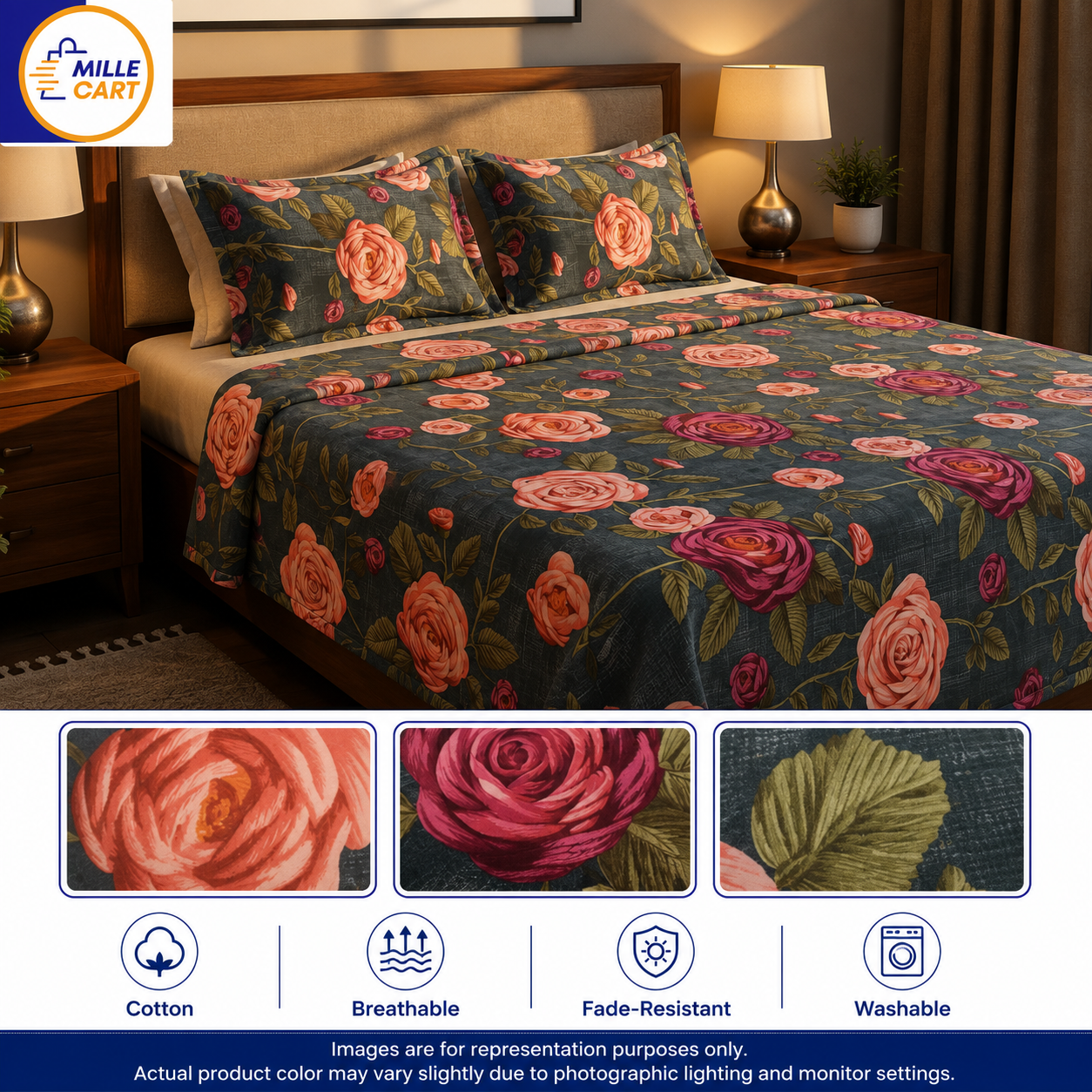 Dark Teal 3D Rose Digital Art Double Bed Sheet with 2 Pillow Covers