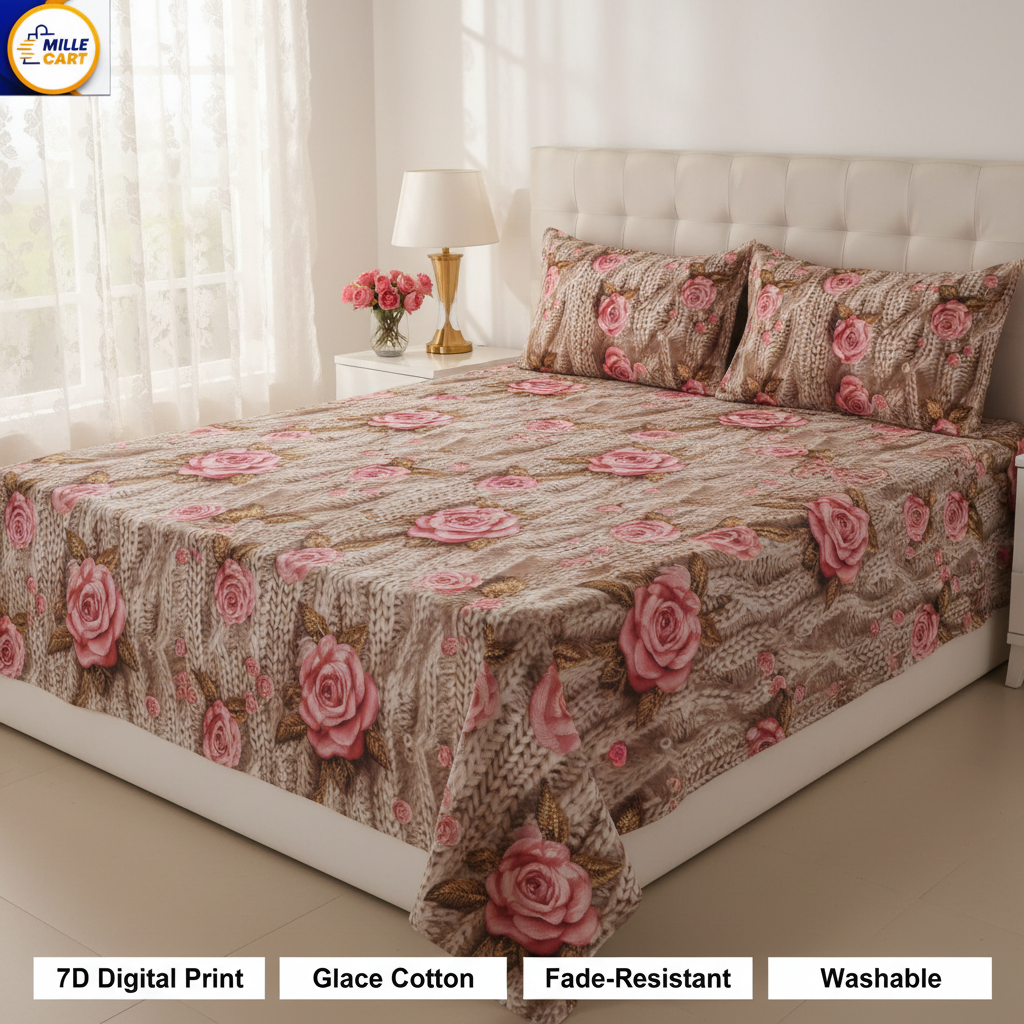 3D Pink Rose Knit Texture Digital Art Double Bed Sheet with 2 Pillow Covers