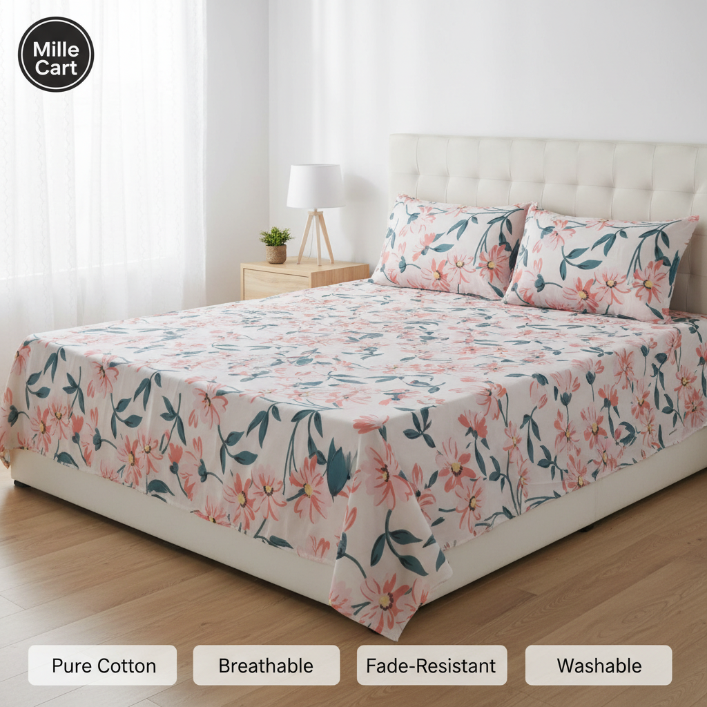 White Orange Poppy Botanical Glace Cotton King Bed Sheet with 2 Pillow Covers
