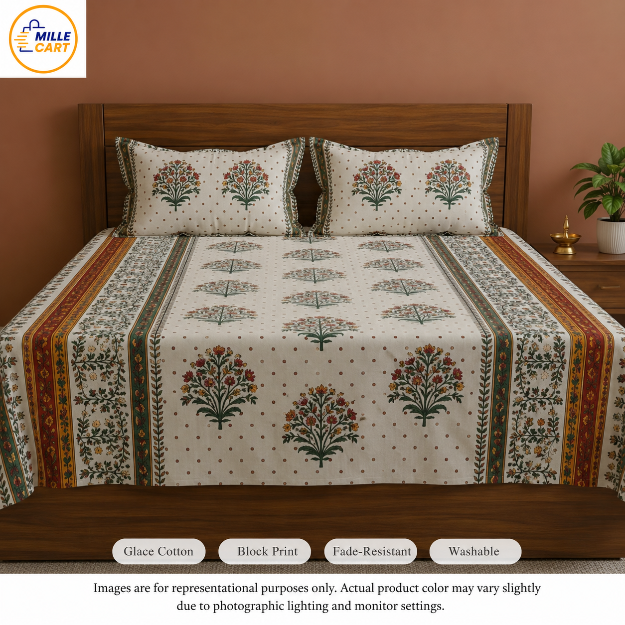 White Mughal Garden Glace Cotton King Bed Sheet with 2 Pillow Covers