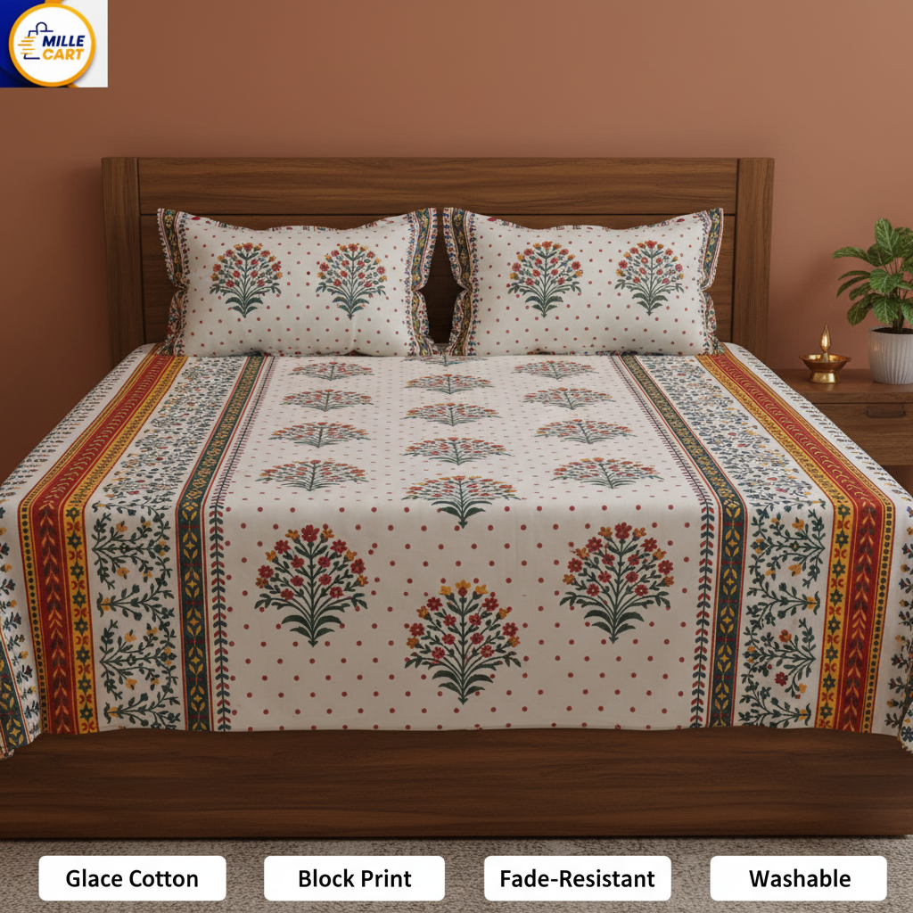 White Mughal Garden Glace Cotton King Bed Sheet with 2 Pillow Covers
