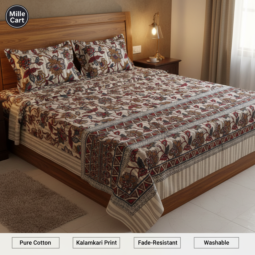Cream Khadi Kalamkari Jacobean Double Bed Sheet with 2 Pillow Covers