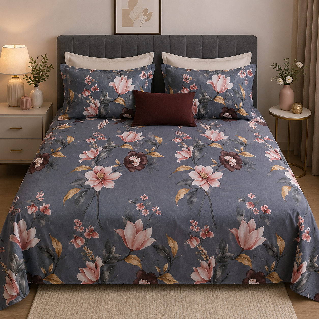 Petals Glace Cotton Double Bed Sheet Printed with 2 Pillow Covers
