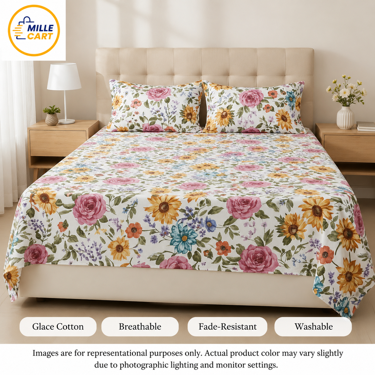 White Teal Clematis Garden Glace Cotton King Bed Sheet with 2 Pillow Covers