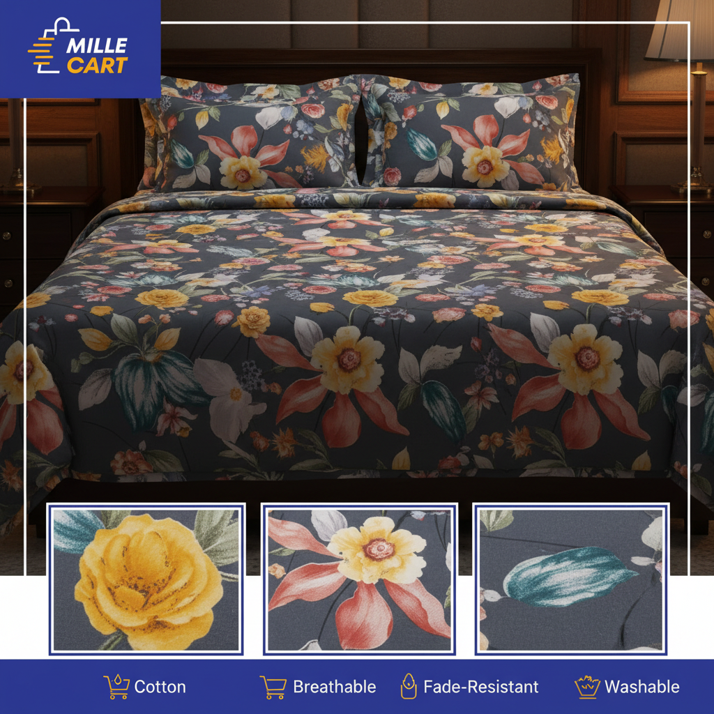 Dark Slate Blue Botanical Floral King Bed Sheet with 2 Pillow Covers