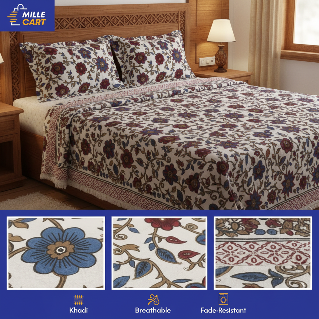 White Khadi Jacobean Vine Double Bed Sheet with 2 Pillow Covers