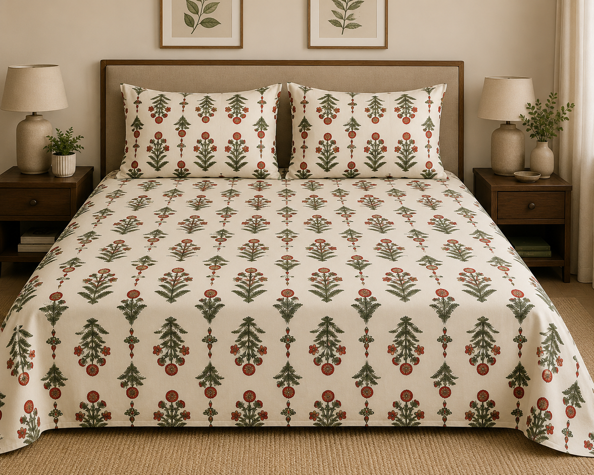 Parker King Size Bedsheet Set - Heritage Botanical Stripe Design