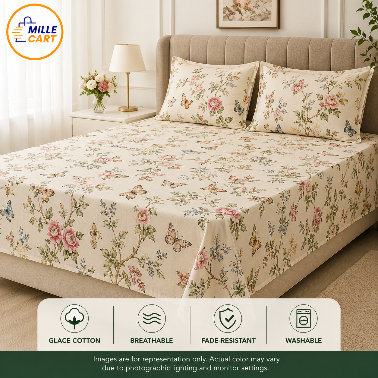 Cream Chinoiserie Garden Butterfly Double Bed Sheet with 2 Pillow Covers
