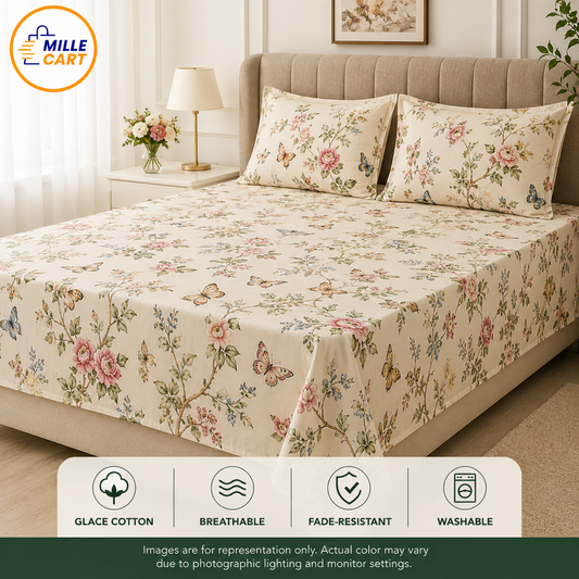Cream Chinoiserie Garden Butterfly Double Bed Sheet with 2 Pillow Covers