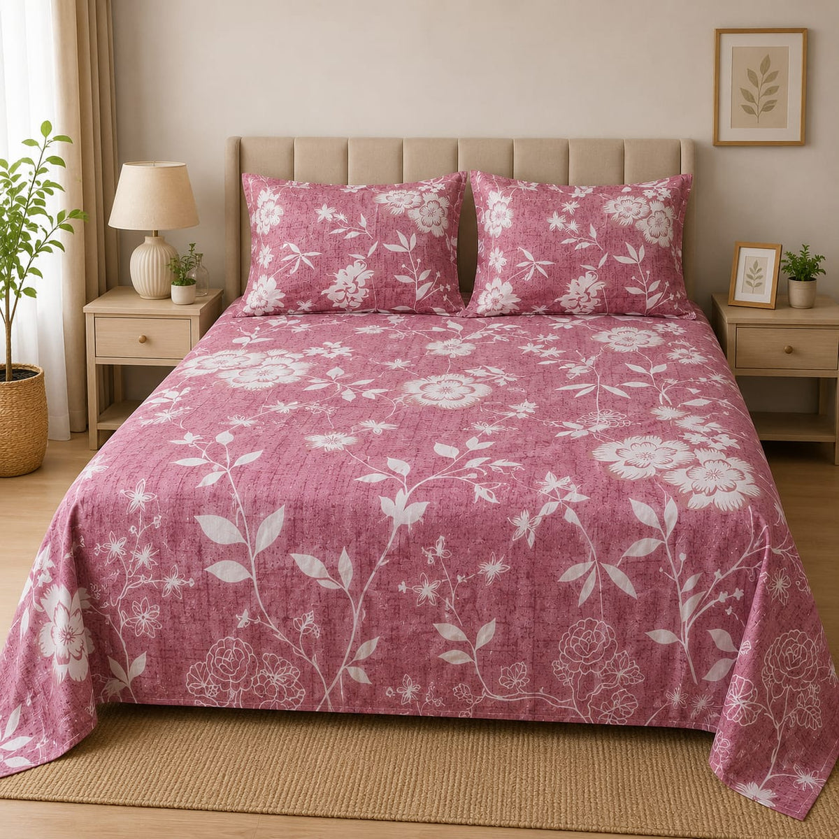Masakali Soft Cotton Blend Double Bed Sheet with 2 Pillow Covers