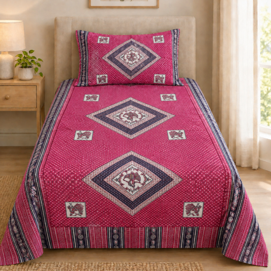 Maroon cotton single bedsheet with large diamond motifs and contrasting patterned borders