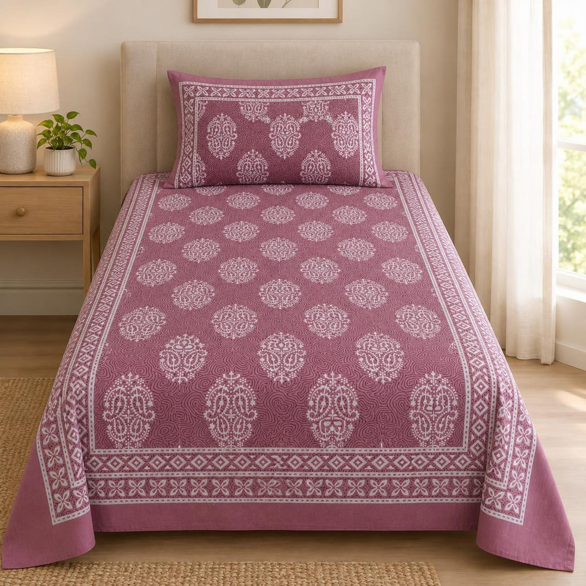 Mauve patterned cotton single bedsheet with light ornamental motifs and decorative border