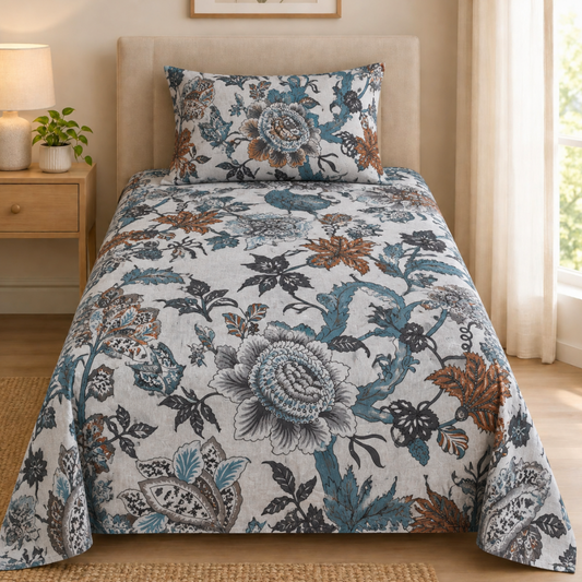 Blue floral cotton single bedsheet on a single bed