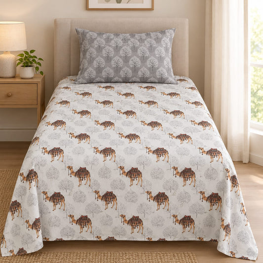 Cotton single bedsheet with brown camel and grey tree motifs on a light background