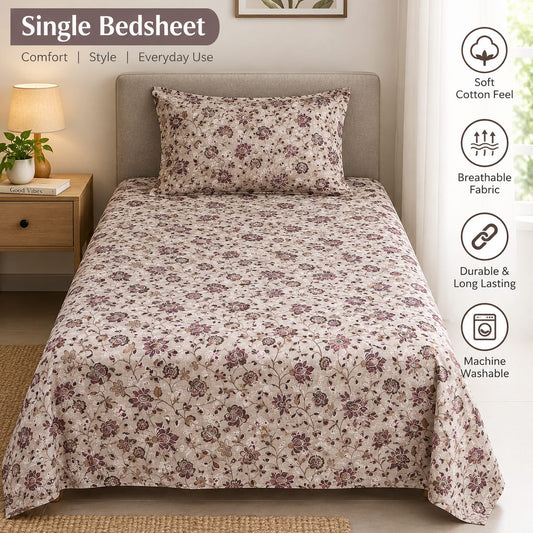 Beige cotton single bedsheet with small mauve and brown floral motifs