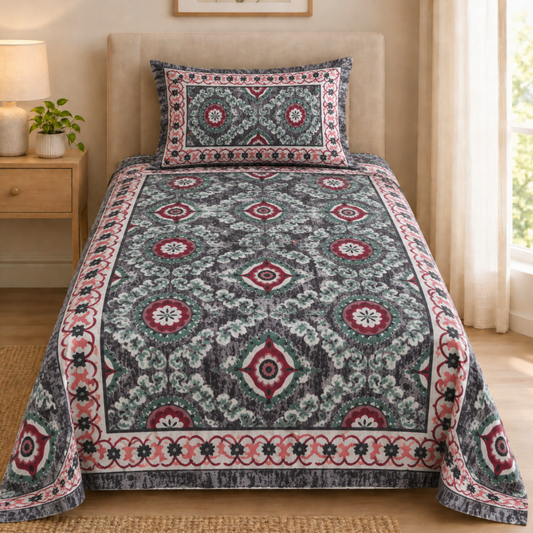 Grey and maroon patterned cotton single bedsheet with ornamental motifs and floral border