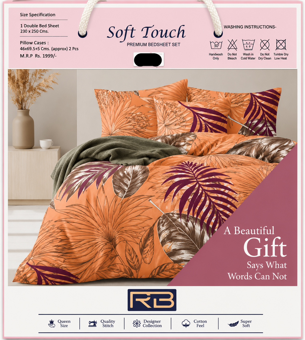 Soft Touch Premium Double Glace Cotton Bed Sheet with 2 Pillow Covers
