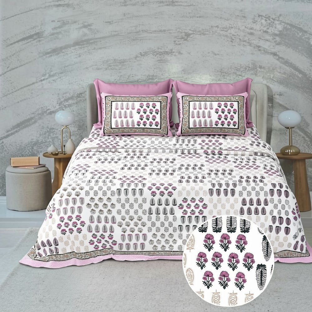 Jaipur Jharokha Bedsheet - Pink Floral Block Print