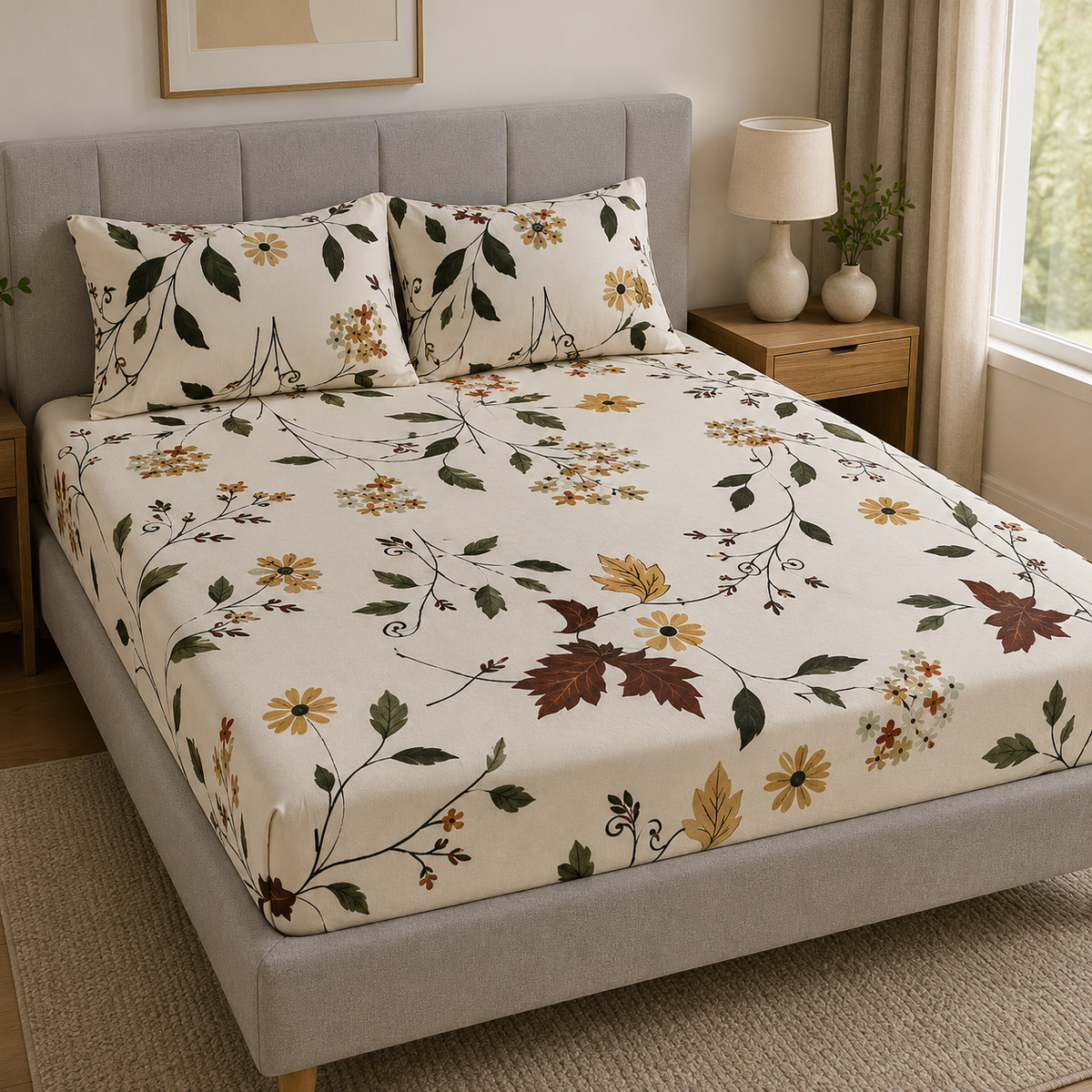 Cintara King Size Fitted Bedsheet Set - Autumn Maple Bloom Design