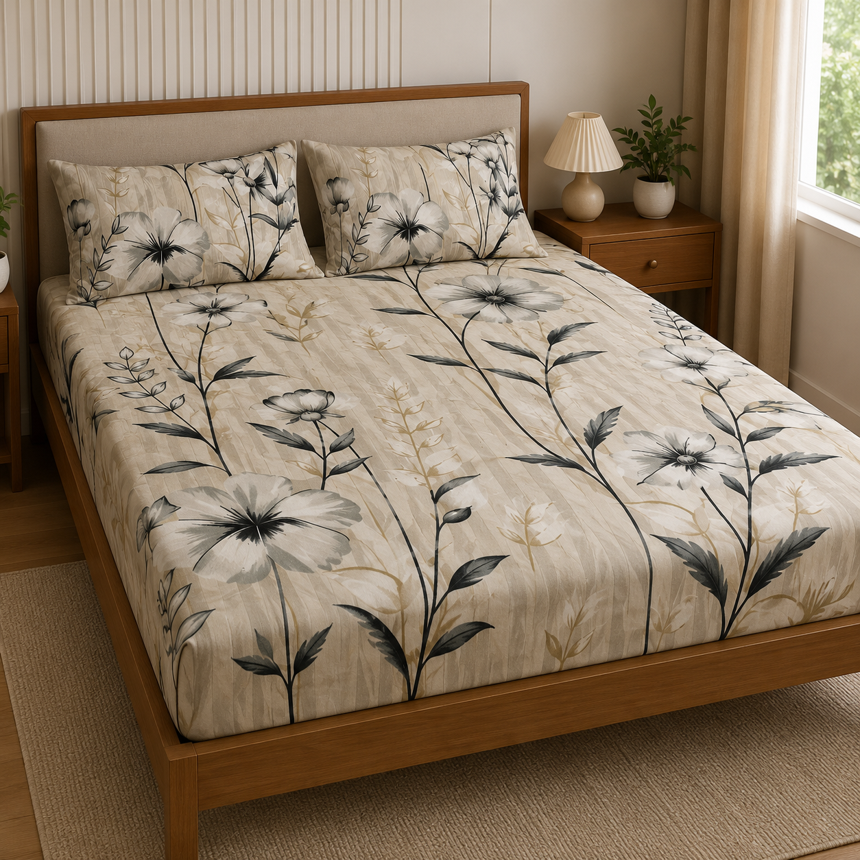 Cintara King Size Fitted Bedsheet Set - Monochrome Wildflower Design