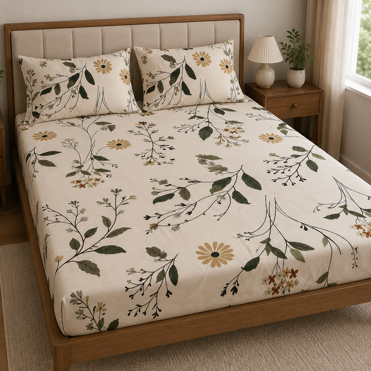 Cintara King Size Fitted Bedsheet Set - Sage Daisy Trail Design