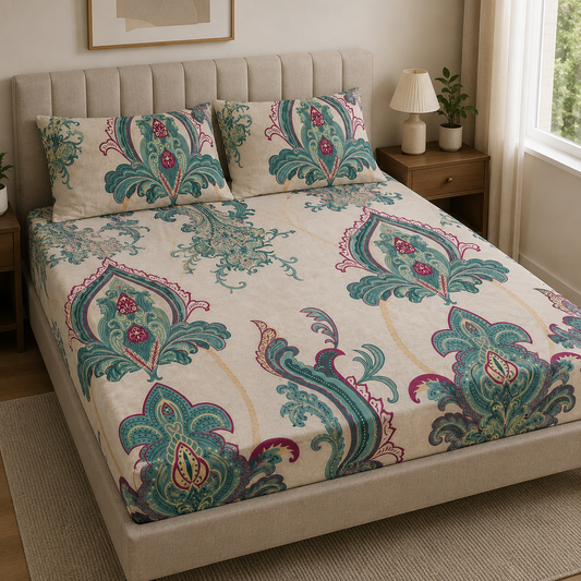 Cintara King Size Fitted Bedsheet Set - Teal Rose Paisley Design