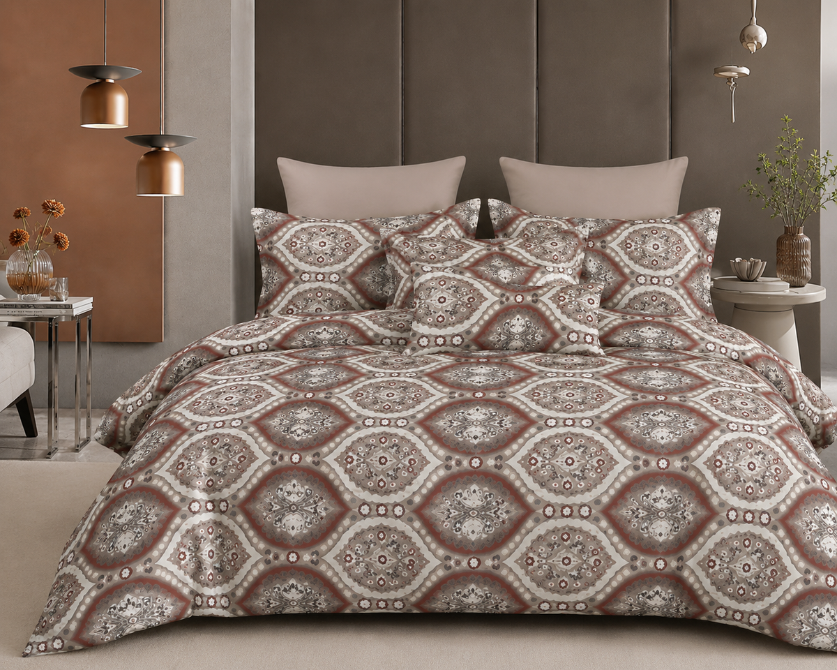 Grand King Size Bedsheet Set - Terracotta Medallion Trellis Design