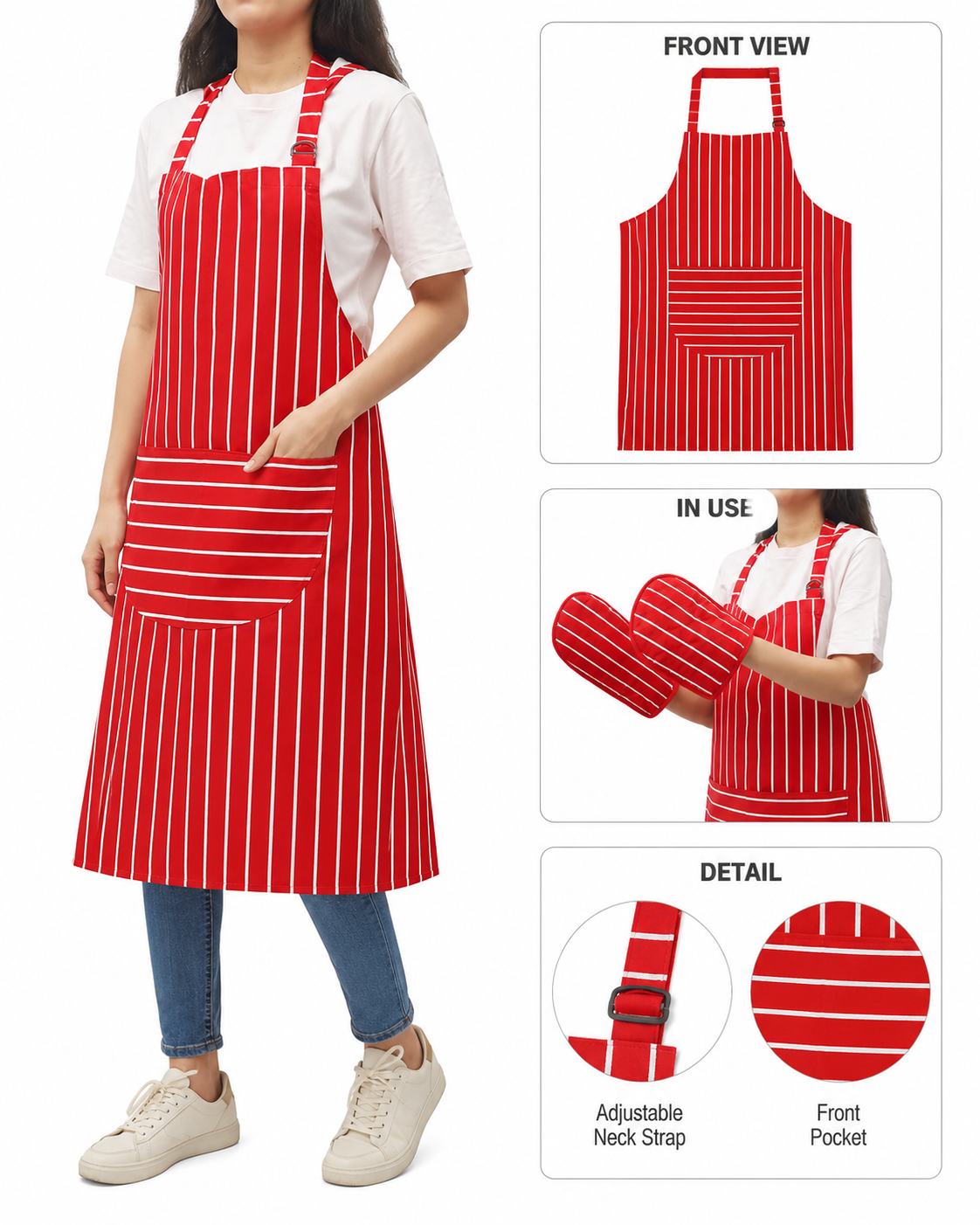 Kitchen Apron Set with Oven Mitts - front and detail view