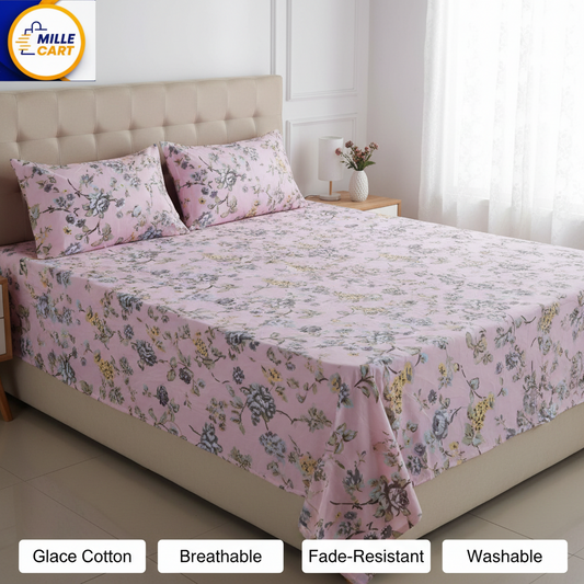 Pink Vintage Rose Chintz Double Bed Sheet King Size with 2 Pillow Covers