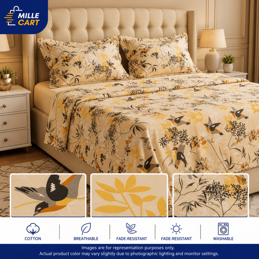 Cream Bird & Botanical Autumn Double Bed Sheet with 2 Pillow Covers