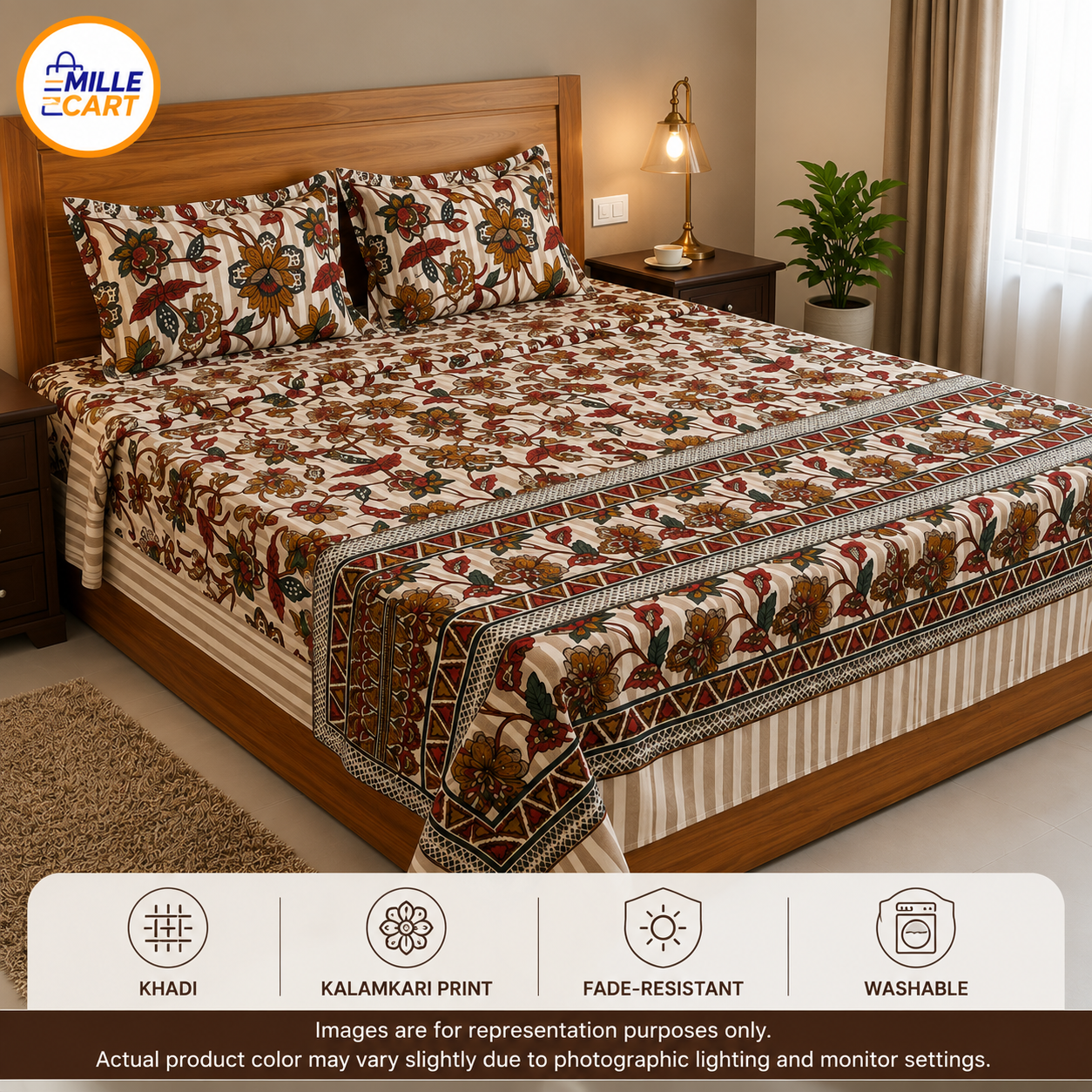 Cream Khadi Kalamkari Jacobean Double Bed Sheet with 2 Pillow Covers