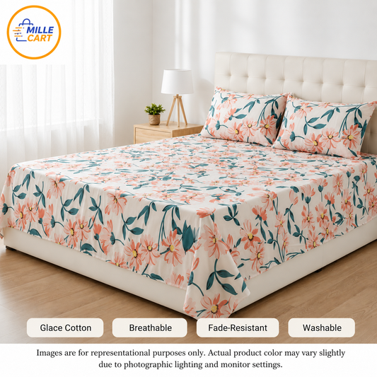 Cream Peach Cosmos & Teal Double Bed Sheet with 2 Pillow Covers