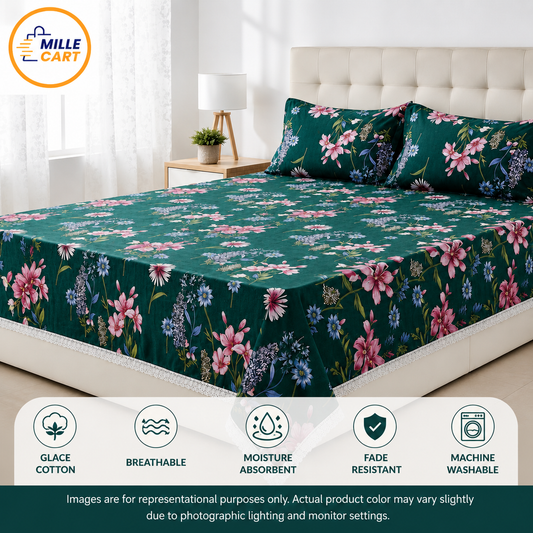 Dark Teal Botanical Garden Double Bed Sheet with 2 Pillow Covers