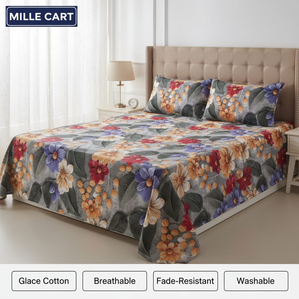 Grey 3D Sculptural Floral Digital Art Double Bed Sheet with 2 Pillow Covers