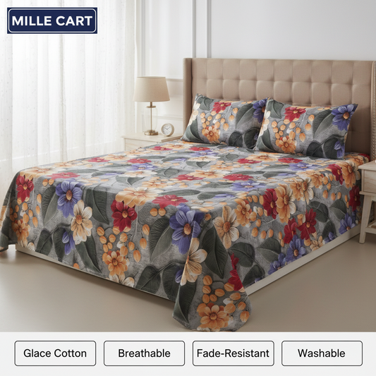 Grey 3D Sculptural Floral Digital Art Double Bed Sheet with 2 Pillow Covers