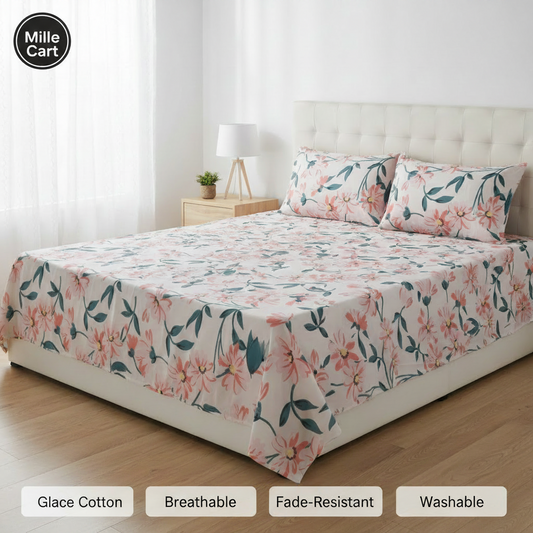 White Orange Poppy Botanical Glace Cotton King Bed Sheet with 2 Pillow Covers