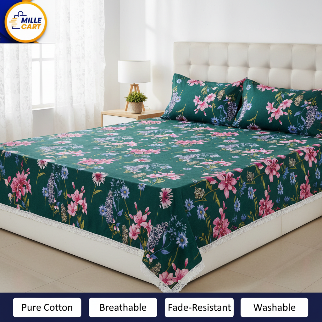 Dark Teal Botanical Garden Double Bed Sheet with 2 Pillow Covers