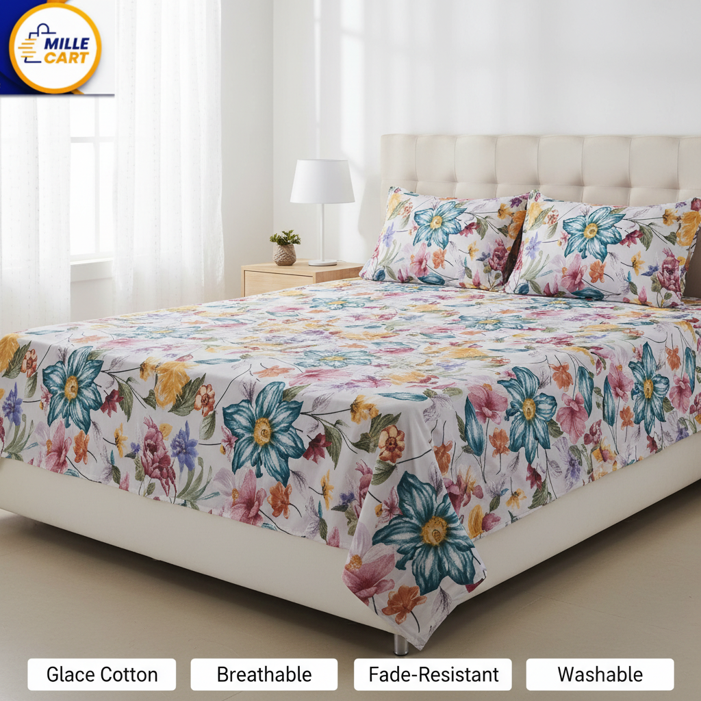 White Teal Clematis Garden Glace Cotton King Bed Sheet with 2 Pillow Covers