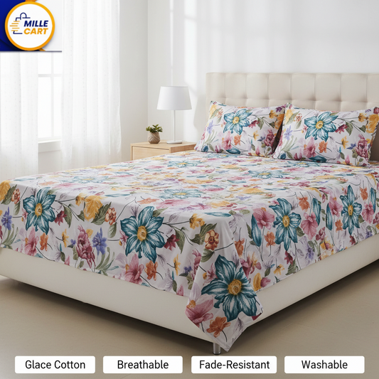 White Teal Clematis Garden Glace Cotton King Bed Sheet with 2 Pillow Covers