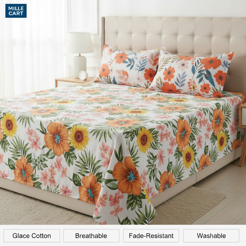 Orange Peony Quilted Bed Cover with 2 Pillow Covers