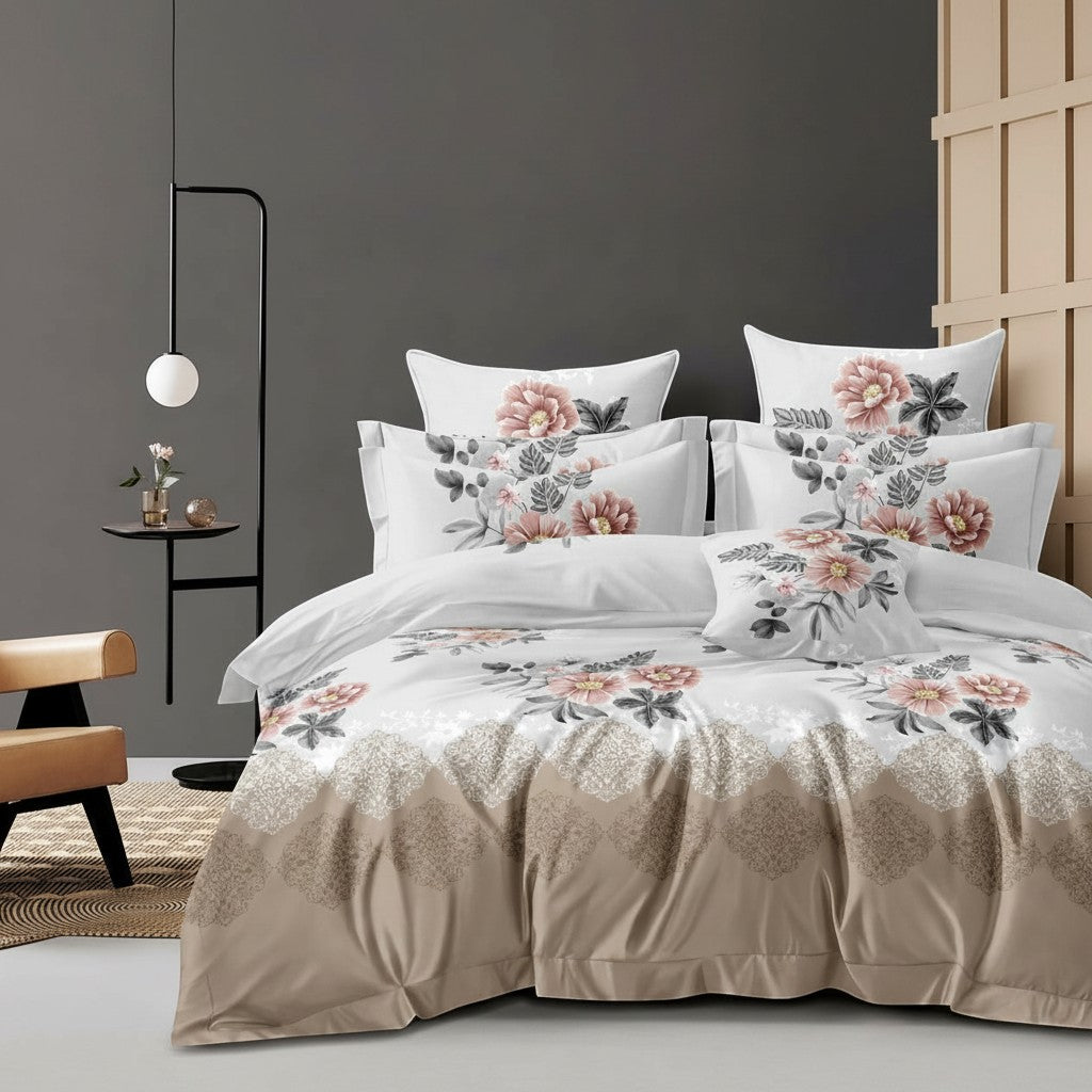 Mille Cart king size fitted bed sheet set with floral print and beige border in a modern bedroom setting
