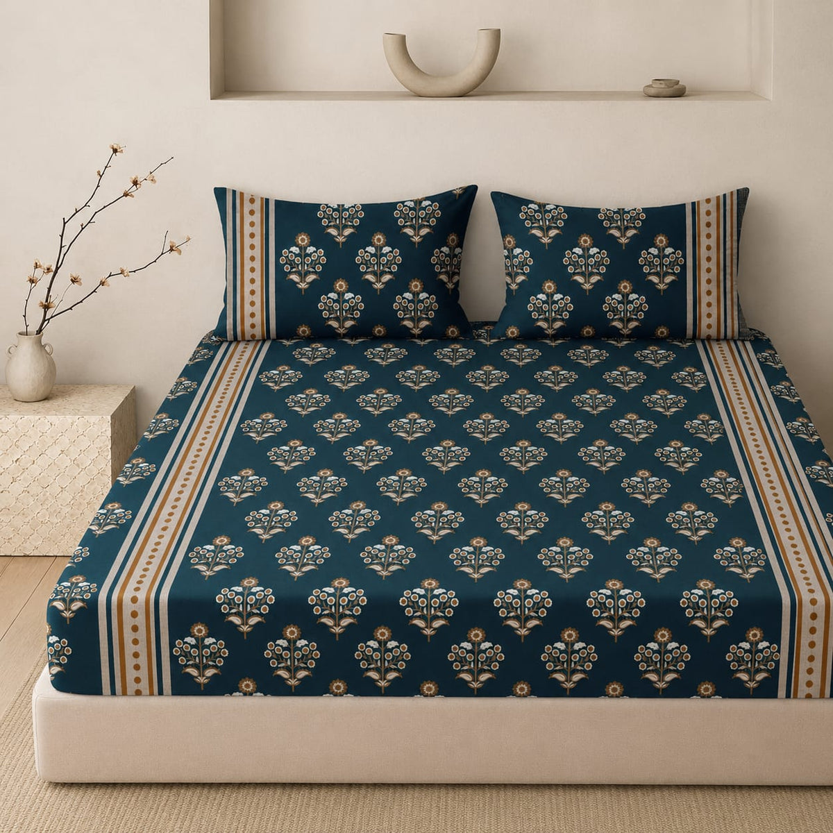 Mille Cart king size fitted bedsheet set in dark blue with floral block print patterns and matching pillow covers.