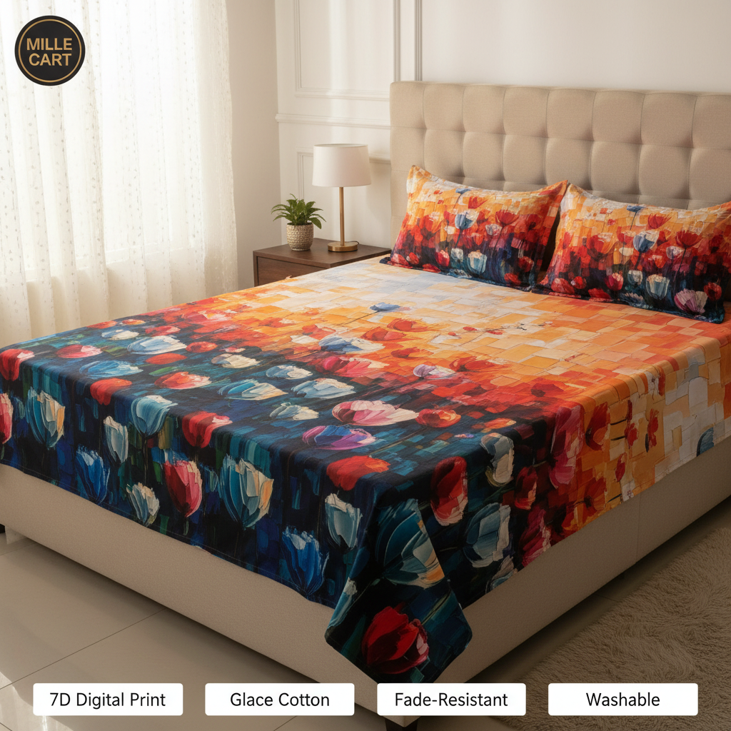 Abstract Impressionist 7D Digital Art Double Bed Sheet with 2 Pillow Covers