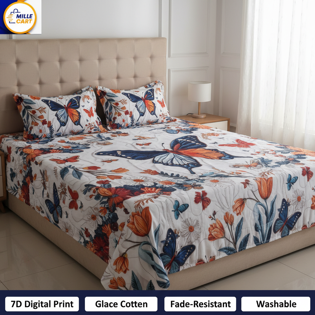 White 7D Butterfly Garden Digital Art Double Bed Sheet with 2 Pillow Covers