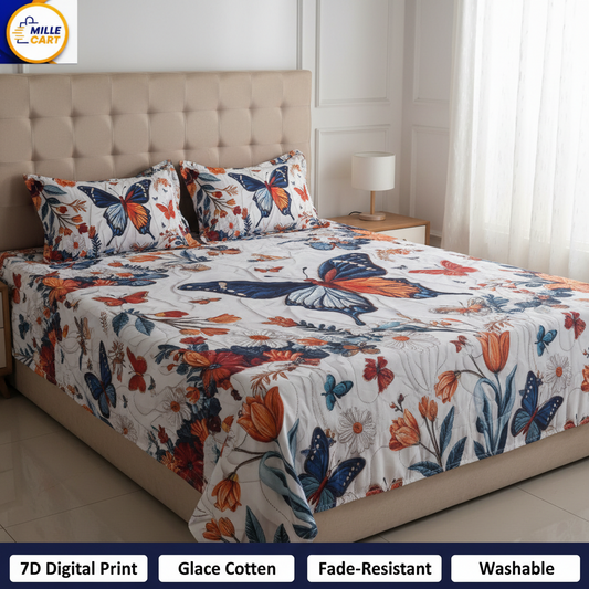 White 7D Butterfly Garden Digital Art Double Bed Sheet with 2 Pillow Covers