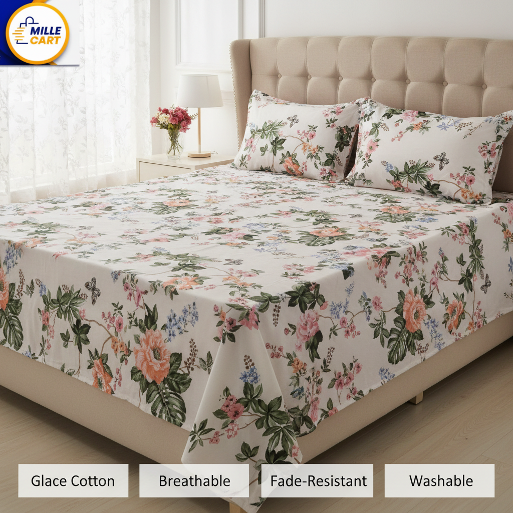 Cream Chinoiserie Garden Butterfly Double Bed Sheet with 2 Pillow Covers